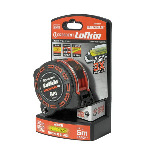 CRESCENT LUFKIN 8M X 32MM SHOCKFORCE GEN 2 TAPE MEASURE G2SF832M