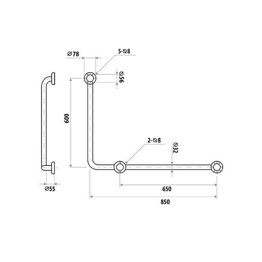 L-Shaped Hand Rail 600x850mm - Left Hand Specifications