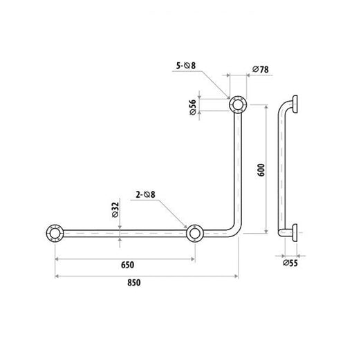 L-Shaped Hand Rail 600x850mm - Right Hand Specifications