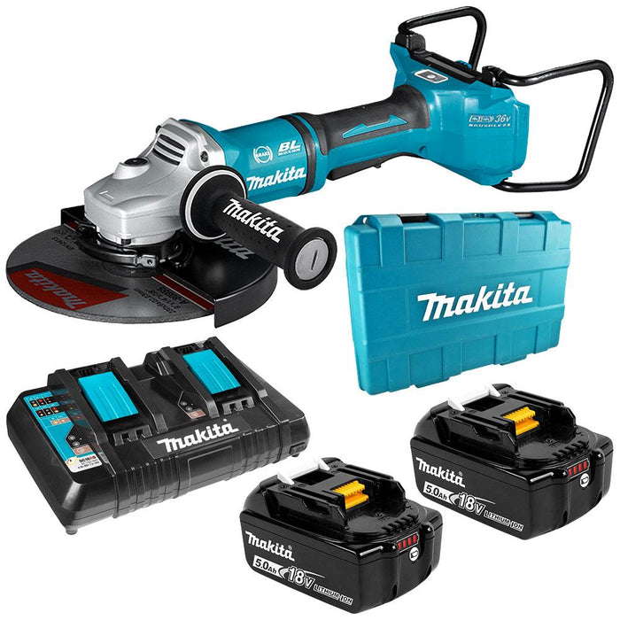 DGA901T2U1 - 18Vx2 BRUSHLESS AWS 230mm Paddle Switch Angle Grinder Kit - Includes 2 x 5.0Ah Batteries, Dual Port Rapid Charger & Carry Case