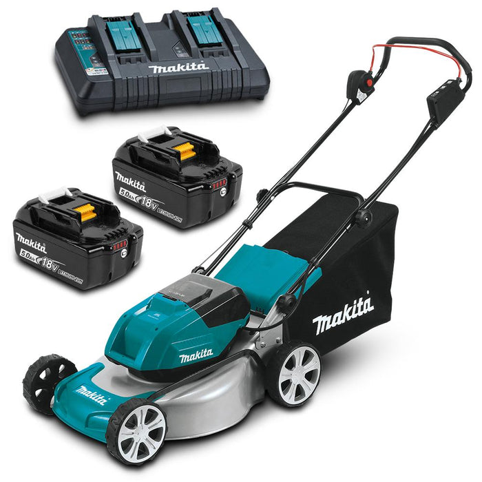 DLM464PT2 - 18Vx2 BRUSHLESS 460mm (18") Lawn Mower Kit, bar blade - Includes 2 x 5.0Ah Batteries & Dual Port Rapid Charger